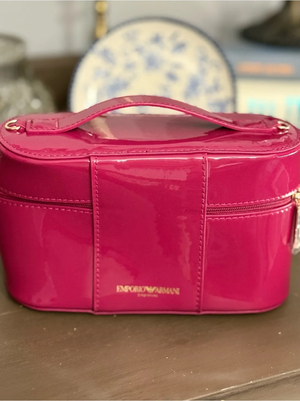 Emporio Armani Beauty Hot Pink Patent Vanity Cosmetic Makeup Bag Gold Logo NWT